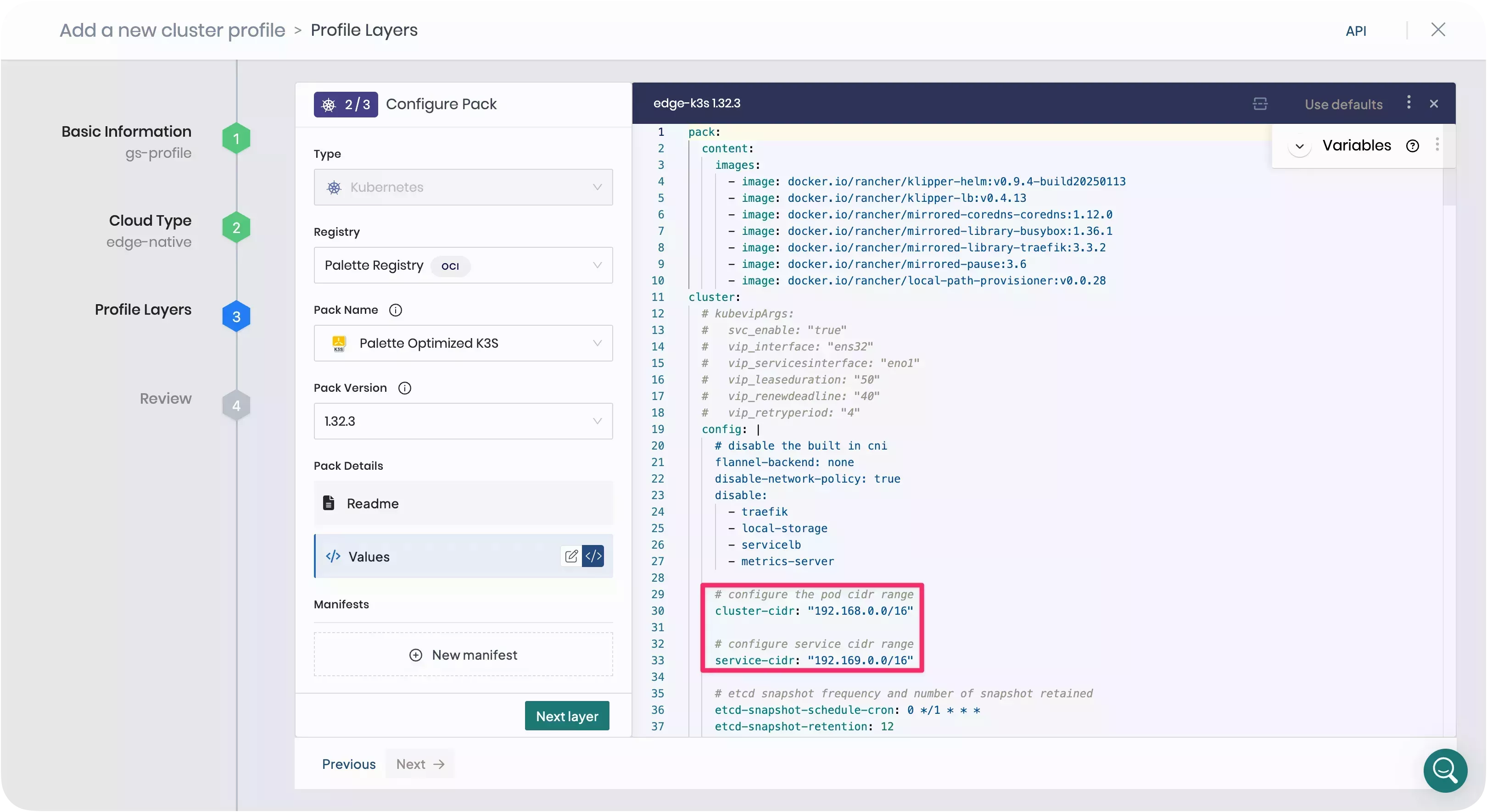 A screenshot of the cluster profile creation step with the Kubernetes layer.